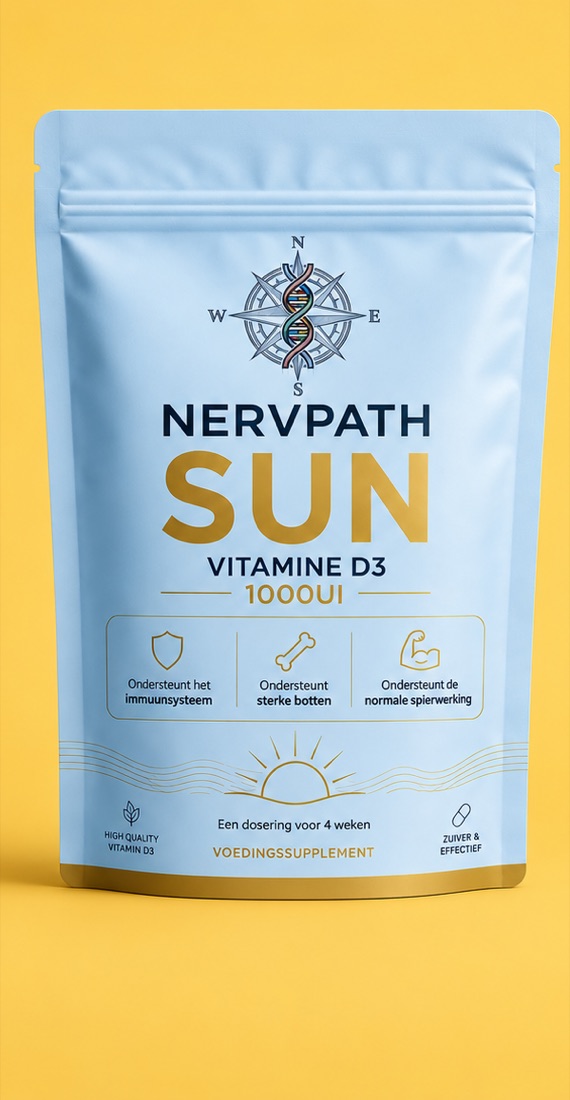 Verpakking van Nervpath Sun vitamine D3 1000 IE op een zonnige gele achtergrond